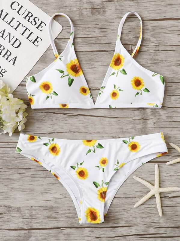 

Sunflower Print Bikini Set, White