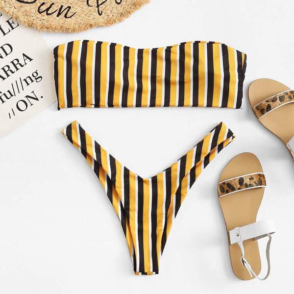 

Striped Bandeau With High Leg Bikini Set