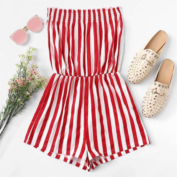 

Striped Tube Romper, Red