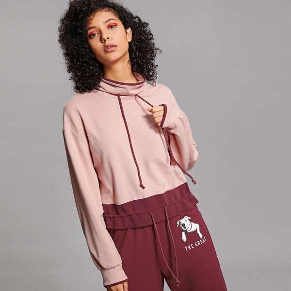 

Drawstring Neck and Hem Two Tone Sweatshirt, Pink