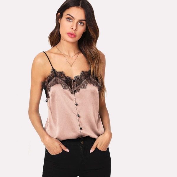 

Button Front Contrast Lace Cami Top, Baby pink