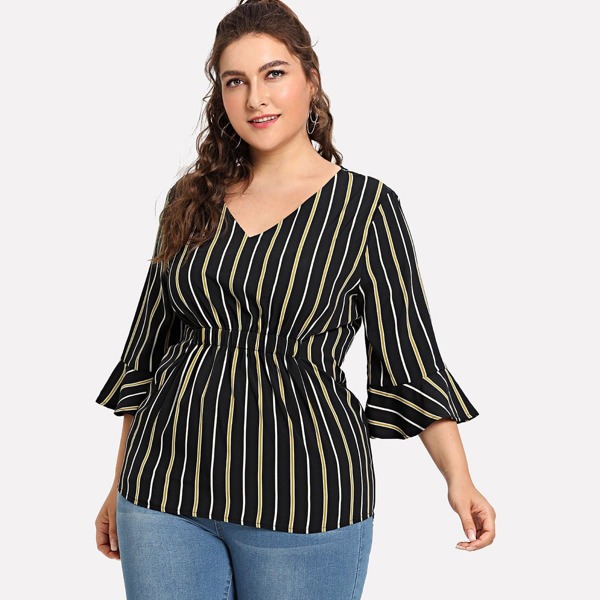 

Plus Striped Flounce Sleeve Blouse, Multicolor