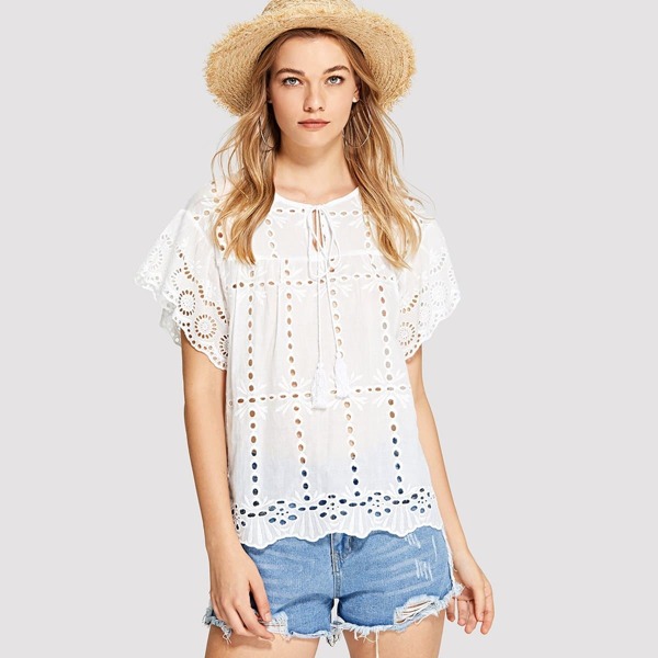 

Laser Cut Tie Neck Blouse