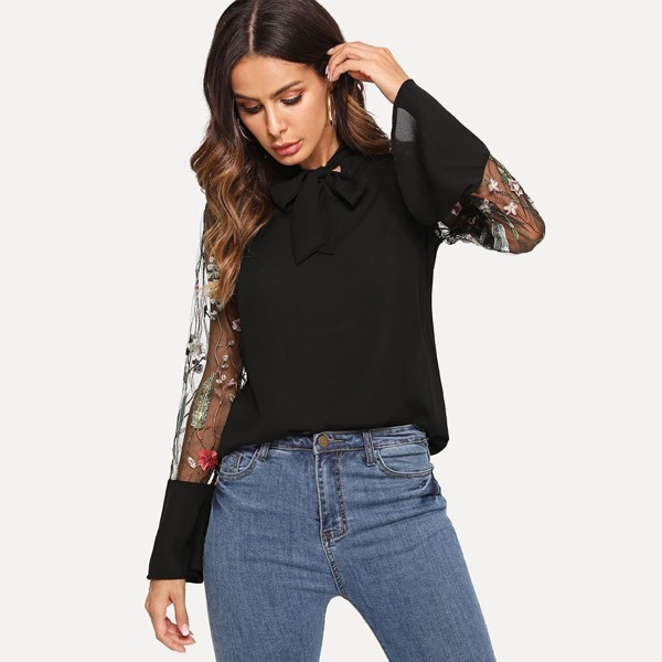 

Embroidered Mesh Flounce Sleeve Tie Neck Blouse