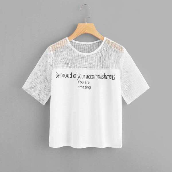 

Fishnet Panel Slogan Print Tee