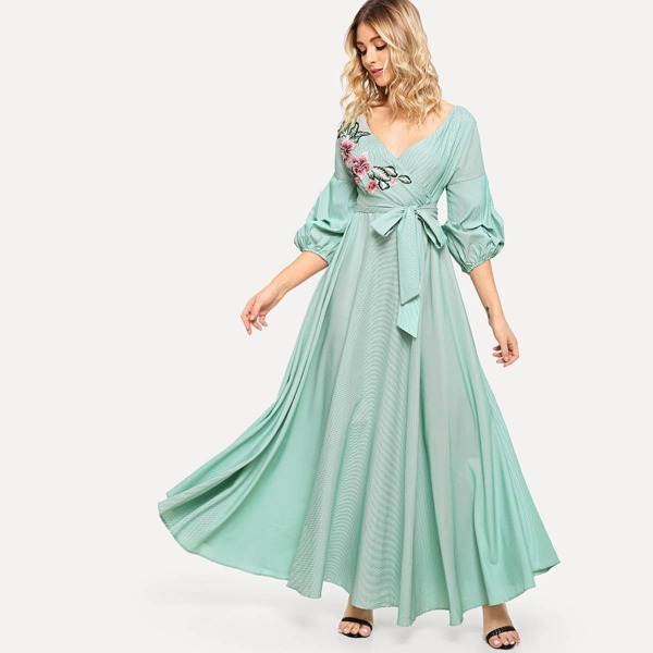 Flower Patch Puff Sleeve Surplice Wrap Dress