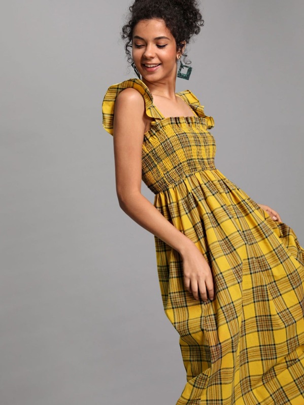 

Shirred Panel Plaid Dress with Ruffle Strap, Yellow, Starl Lane