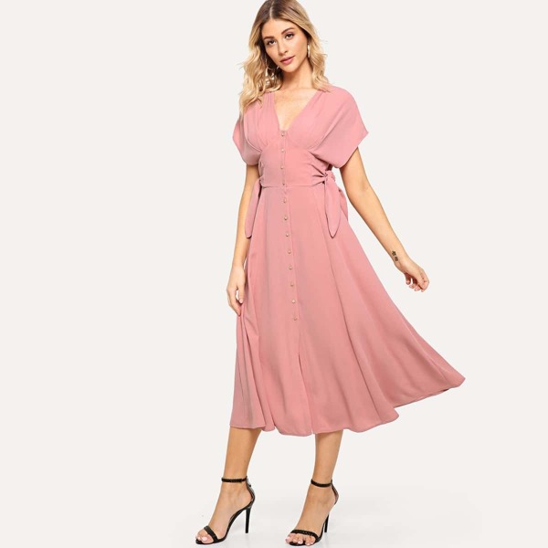 

Batwing Sleeve Knot Side Button Up Dress