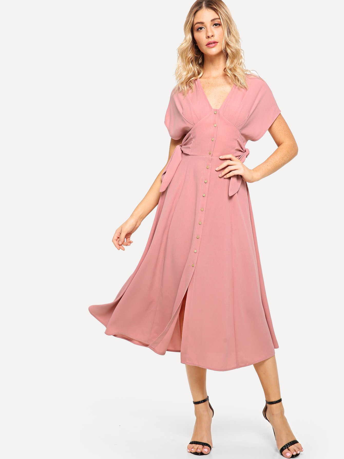 batwing sleeve knot side button up dress