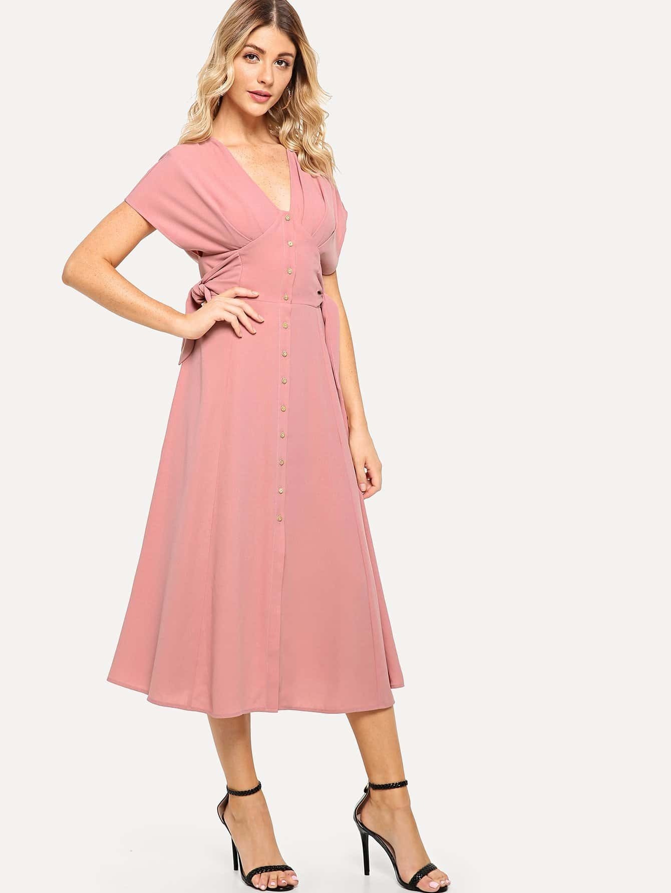 batwing sleeve knot side button up dress