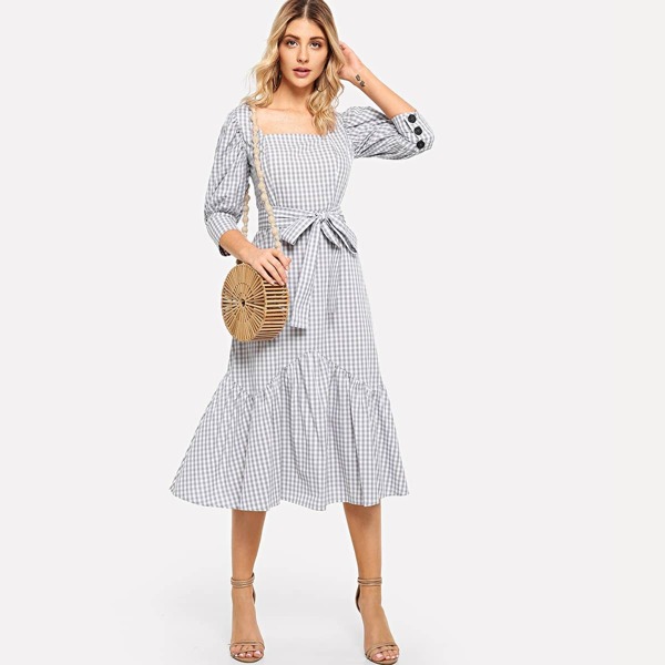 

Puff Sleeve Ruffle Hem Plaid Belted Dress, Grey