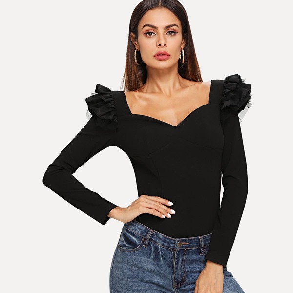 Layered Ruffle Trim Sweetheart Neck Tee, Black