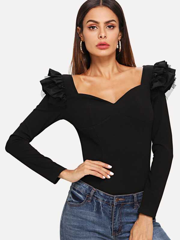 

Layered Ruffle Trim Sweetheart Neck Tee, Black, Andy