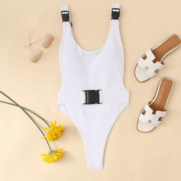 

Drop Armhole High Leg Buckle One Piece Swimsuit