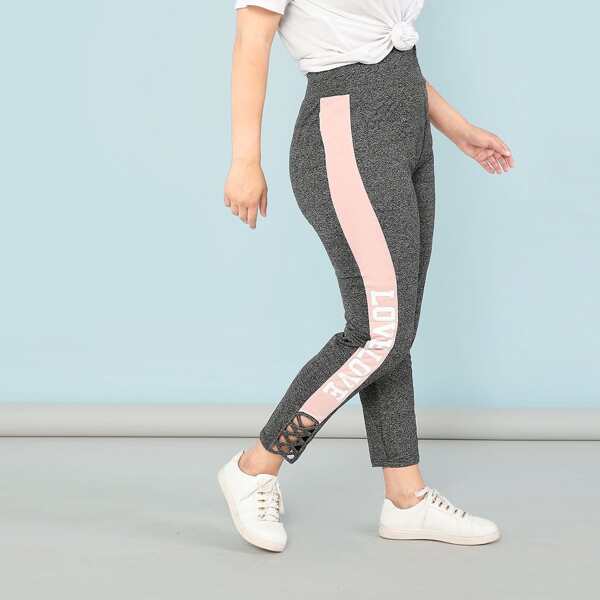 

Plus Letter Print Side Crisscross Hem Marled Knit Leggings