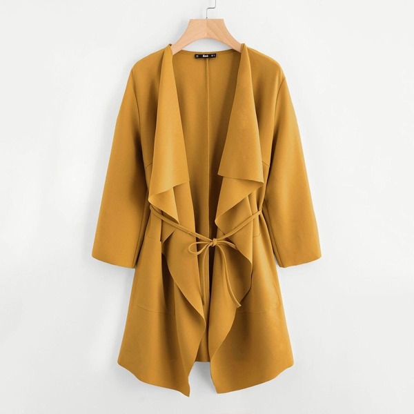 

Waterfall Collar Pocket Front Wrap Coat, Yellow