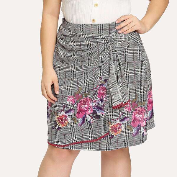 

Plus Mixed Print Twist Detail Wrap Skirt, Multicolor