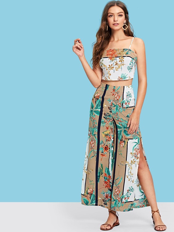 

Кружевные ботанические печатные верхние и широкие ножные штаны Co-Ord, Luiza