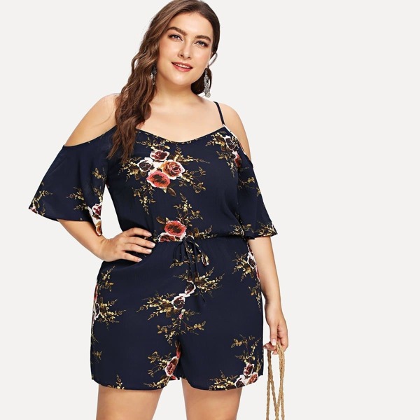 

Plus Drawstring Floral Open Shoulder Romper, Navy