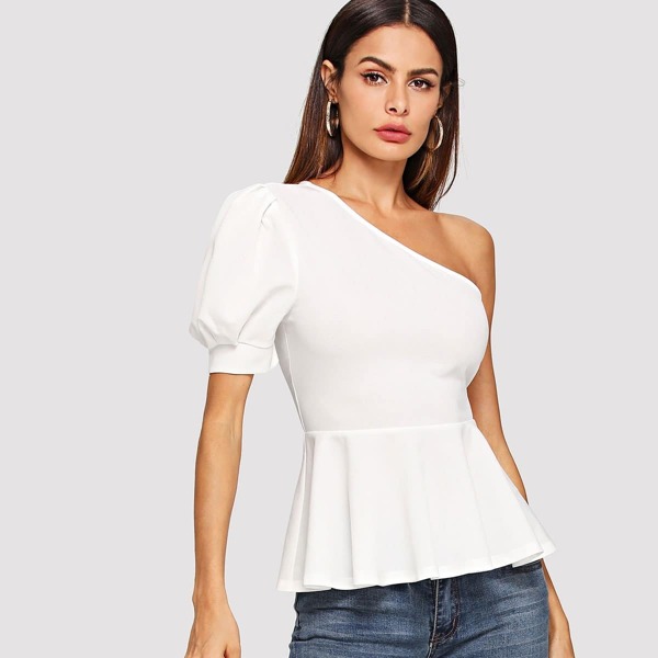 

One Shoulder Puff Sleeve Peplum Top, White