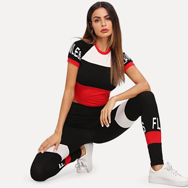

Cut and Sew Letter Print Crop Top & Pants Set