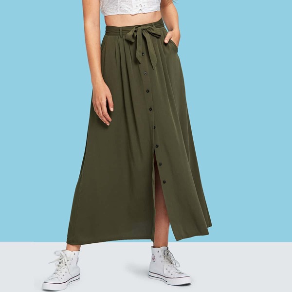 

Button & Split Front Belted Solid Skirt, Army green