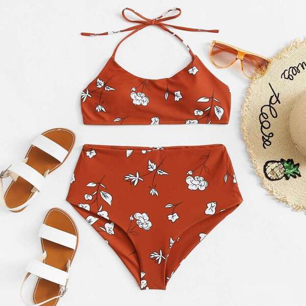 

Floral Print Halter Top With High Waist Bikini