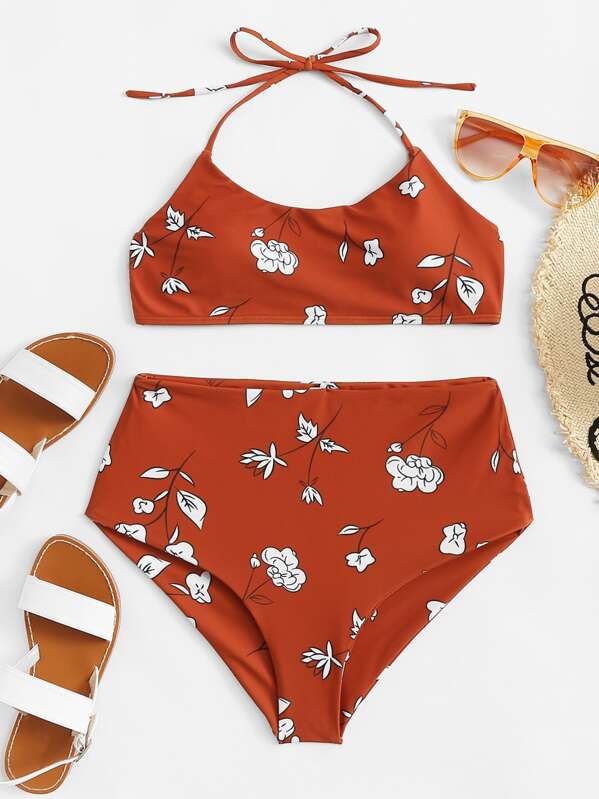 

Floral Print Halter Top With High Waist Bikini, Red