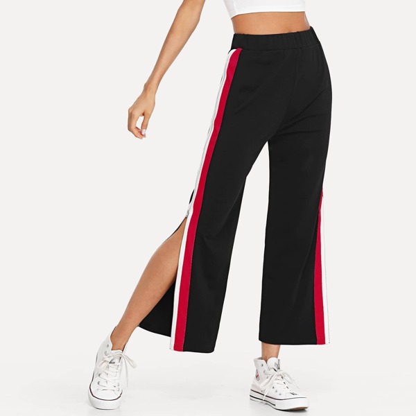 

Contrast Striped Side Split Pants, Black