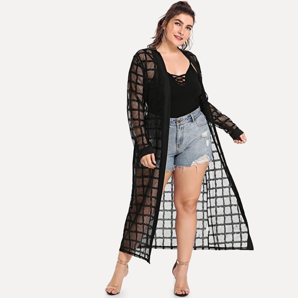 

Plus See-Through Mesh kimono, Black