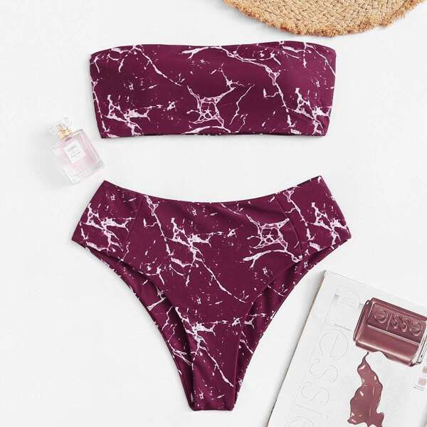 

Marble Pattern Bandeau With High Waisted Bikini, Burgundy