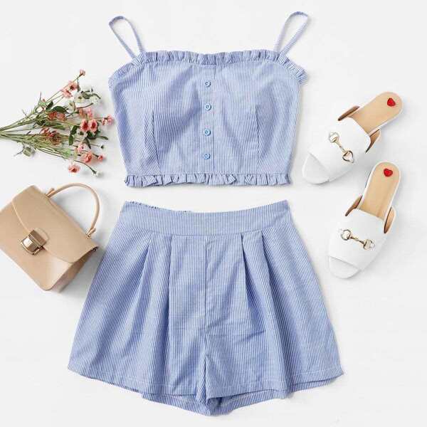 

Frill Trim Striped Cami Top With Shorts, Black