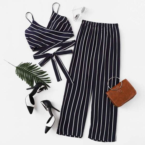 

Striped Knot Hem Cami Top With Pants