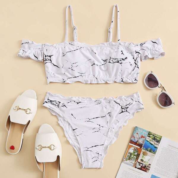 

Lettuce Hem Bardot Top With Marble Print Bikini Set