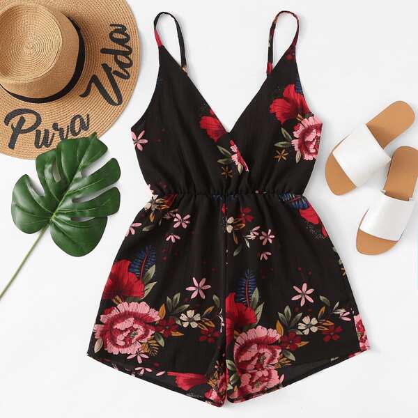 

Floral Surplice Elastic Waist Cami Romper, Multicolor