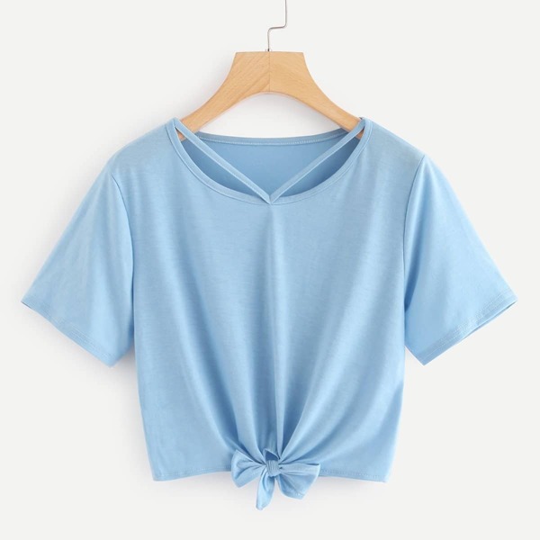 

Cut Out Neck Knot Crop Tee, Blue