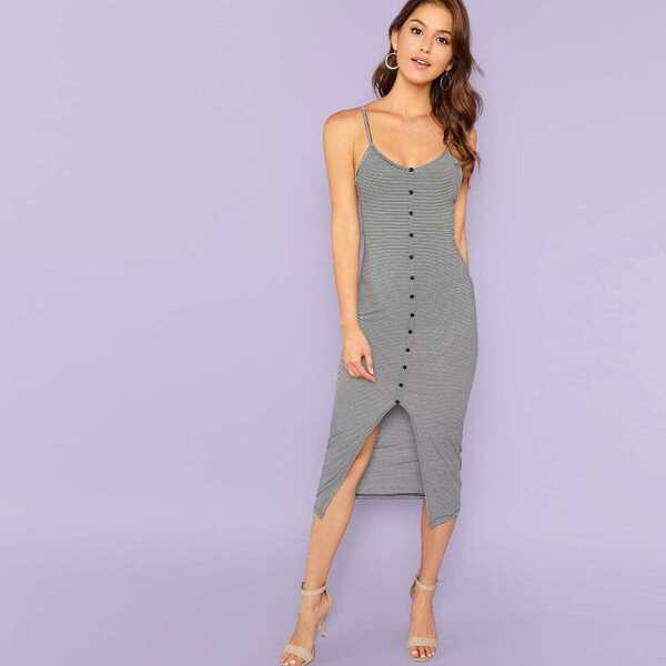 

Button Front Split Striped Cami Dress, Black and white