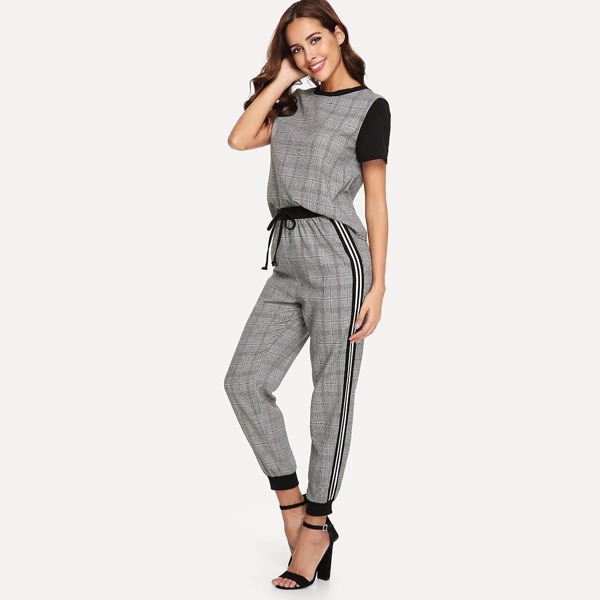 

Contrast Sleeve Plaid Top & Tie Waist Striped Side Pants Set, Grey