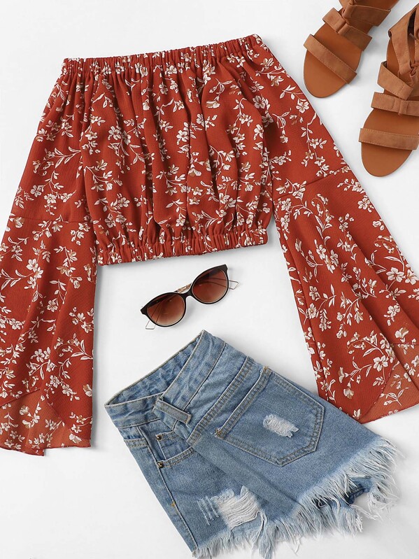 

Ditsy Floral Flounce Sleeve Bardot Top, Red