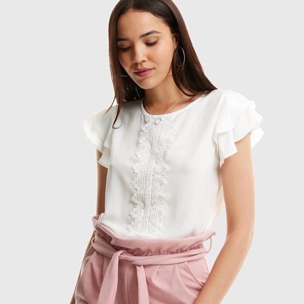 

Guipure Lace Through Tiered Ruffle Sleeve Top, White