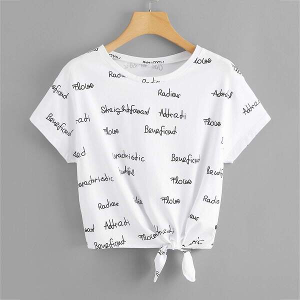 

Allover Letter Graphic Knot Front T-shirt, Black and white