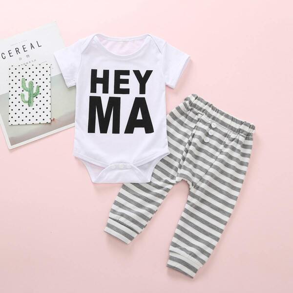 

Toddler Boys Letter Print Romper With Striped Pants