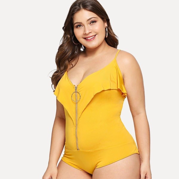 

Ruffle Trim Zip Bodysuit, Жёлтые