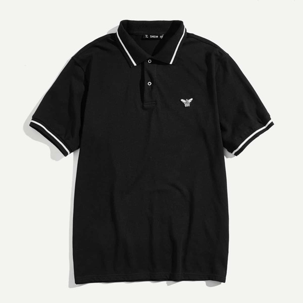 

Men Striped Trim Embroidered Polo Shirt