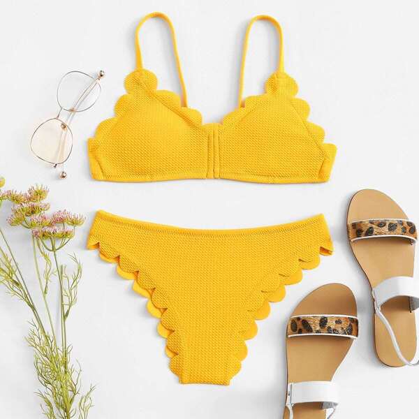 

Scalloped Trim Plain Bikini Set, Yellow