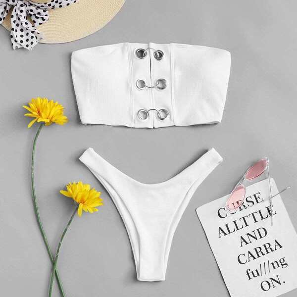 

Eyelet Bandeau With High Leg Bikini Set, White