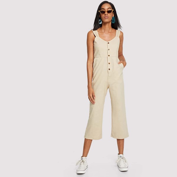 

Bow Tied Back Button Up Thick Strap Jumpsuit