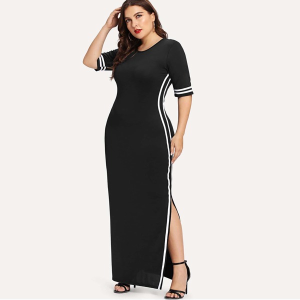 

Plus Striped Tape Detail Split Dress