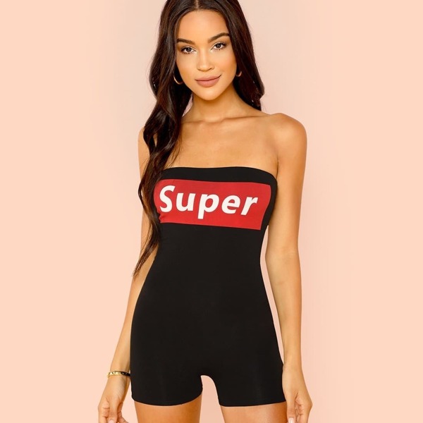 

Letter Graphic Fitted Strapless Romper, Black