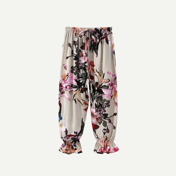 

Girls Floral Print Drawstring Waist Ruffle Hem Pants